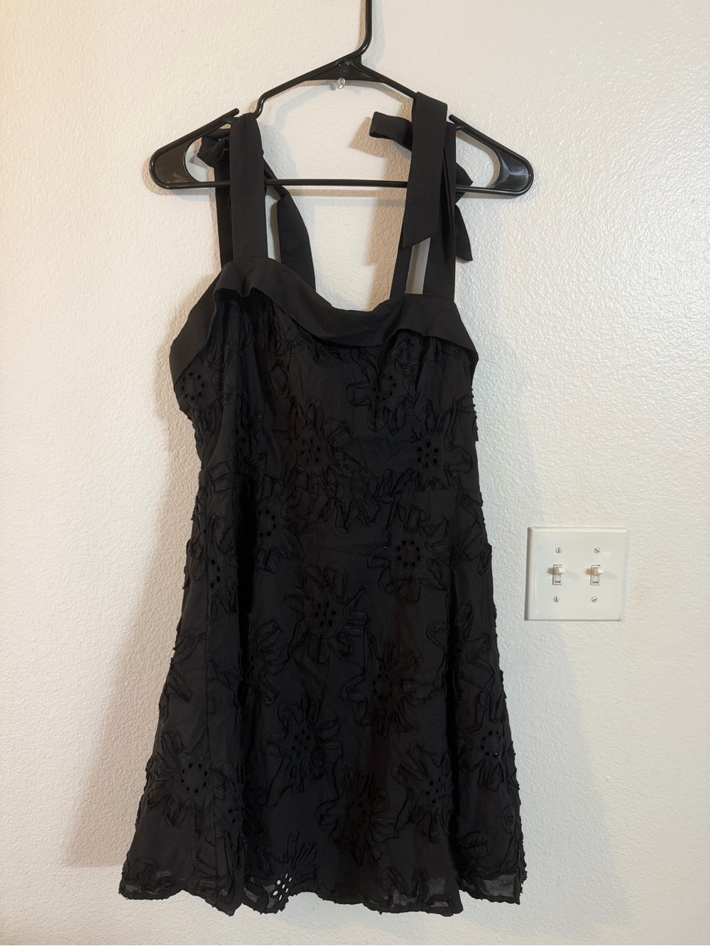 Black Lace Floral Eyelet Mini Dress with Bow Tie Shoulder Straps
